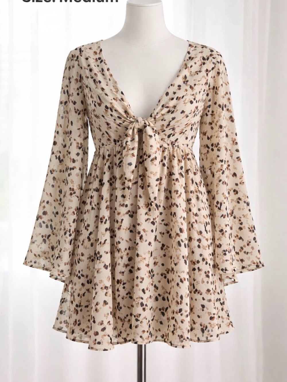 SHEIN Beige Floral Tie-Front Long Sleeve Babydoll Dress